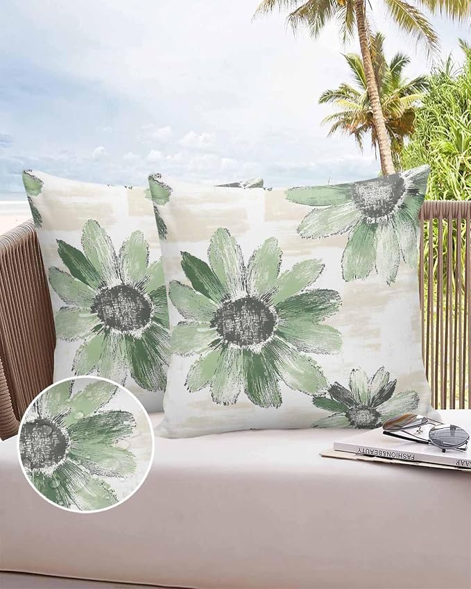 Vandarllin Outdoor Throw Pillows Covers 18x18 inch Set of 2 Waterproof Green Sunflower Decorative Zippered Cushion Covers for Patio Furniture, Floral Field Lumbar Pillowcases