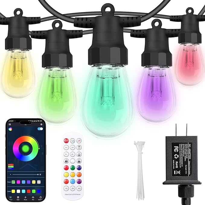 CAWWS Outdoor String Lights 75FT, Color Changing Patio Lights, Waterproof | 30 Shatterproof LED Bulbs, Multicolor & Warm White, Dimmable, IP67 Waterproof, APP & Remote, Custom Colors, 24V Low Voltage