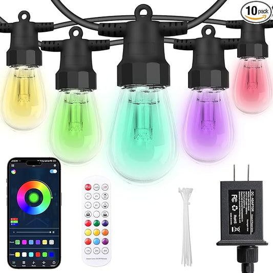 CAWWS Outdoor String Lights 27FT, Color Changing Patio Lights, Waterproof | 10 Shatterproof LED Bulbs, Multicolor & Warm White, Dimmable, IP67 Waterproof, APP & Remote, Custom Colors, 24V Low Voltage