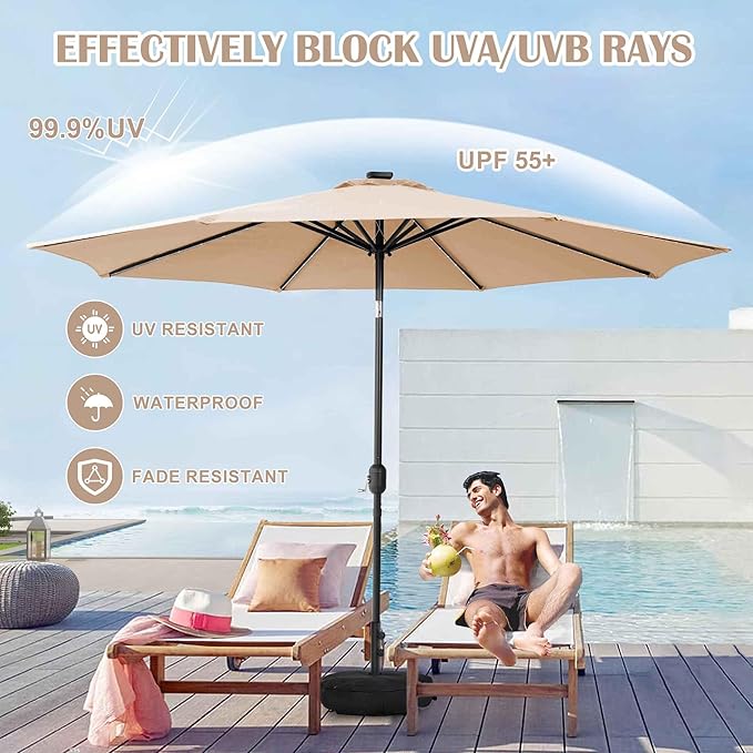 Sundale Outdoor OLEFIN LED Solar Patio Umbrella with Sand Bag Umbrella Base, Outdoor Umbrella with Tilt and Crank