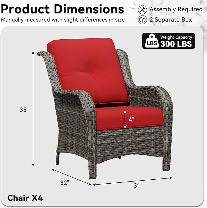 4 Piece Outdoor Wicker Patio Furniture Set, Patio Chairs Set of 4 with Thickened Olefin Cushions, High Back and Deep Seating, Hand-Woven PE Rattan for Porch, Deck, Red