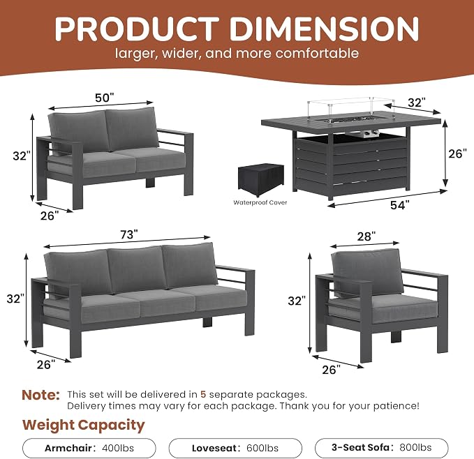 Solaste Aluminum Patio Furniture Set with 55" Fire Pit Table, 7 Seats Metal Outdoor Furniture with Water-Resistant Cushions, Modern Patio Conversation Set for Balcony, Front Porch, and Backyard, Grey