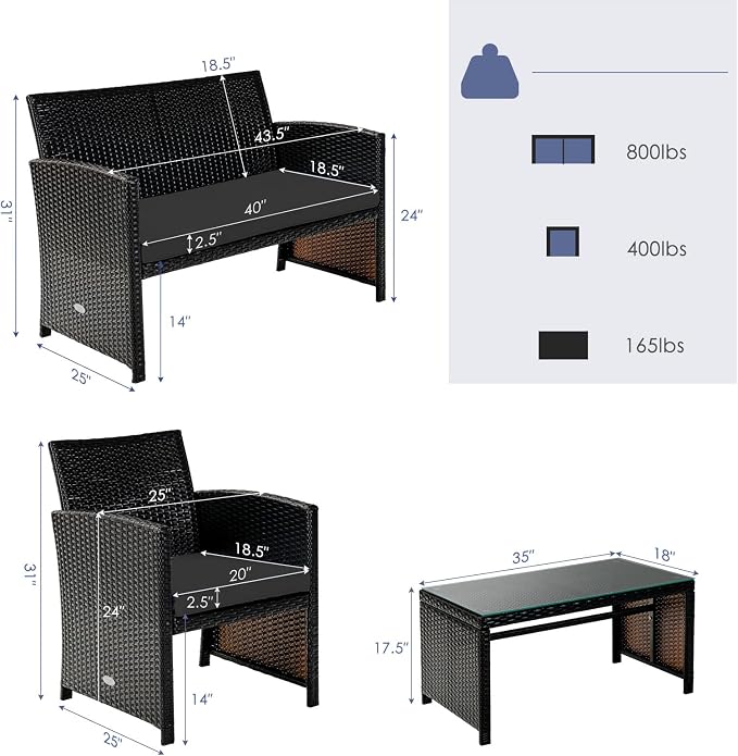 Tangkula 4 Pieces Rattan Furniture Set, Outdoor Conversation Set w/Chair & Loveseat & Tempered Glass Coffee Table, Suitable for Garden, Backyard, Poolside, Patio Furniture Set for 4 (1, Black)