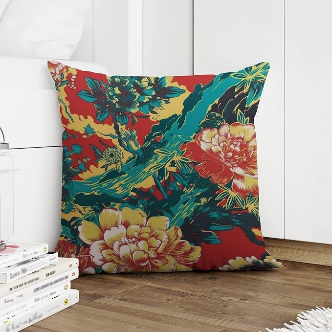 Cushion Cases Animal Tiger Stripe Colorful Chinoiserie Pillows Abstract Peony Flower Asian Pillow Cover Accent Outdoor Garden Decoration for Patio Garden Sofa Chairs 18x18 in