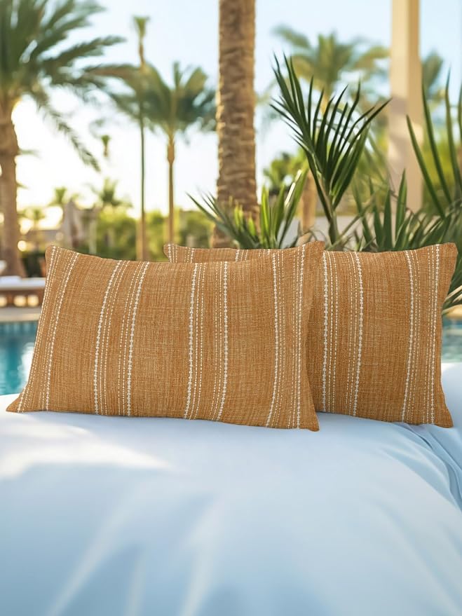 Waterproof Outdoor Pillow Set of 2 Orange Linen Stripes Decorative Throw Pillows Cover & Insert 20x12 Inch Lumbar Pillowcase Parallel Vertical Lines Pillows for Couch Sofa Bed Patio Furniture