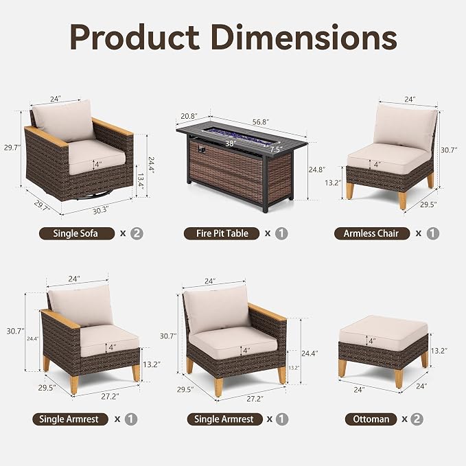 GREEN PARTY 7 Pieces Wicker Patio Furniture Set with 56" Fire Pit Table, All-Weather Outdoor Rattan Patio Sectional Sofa Conversation Set 7 Seats for Garden, Backyard, 2 x Swivel Chairs