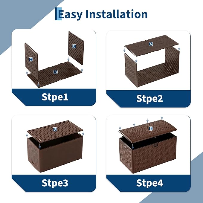 Jojoka 120 Gallon Lockable Outdoor Storage Box - Waterproof UV-Resistant Resin Deck Bench with Gas Spring Lid - For Patio Furniture Cushions, Garden Tools, Pool Accessories - Brown, Gas Spring