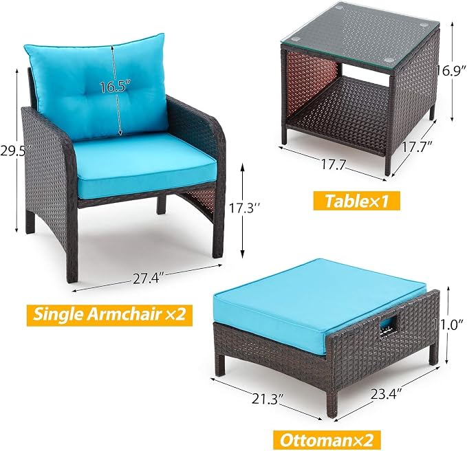 AVAWING 5 Pieces Patio Furniture Set, Outdoor Rattan Chairs with Tempered Glass Coffee Table, Ottomans & Soft Cushions, Wicker Conversation Bistro Set for Garden, Porch, Deck, Balcony (Blue)