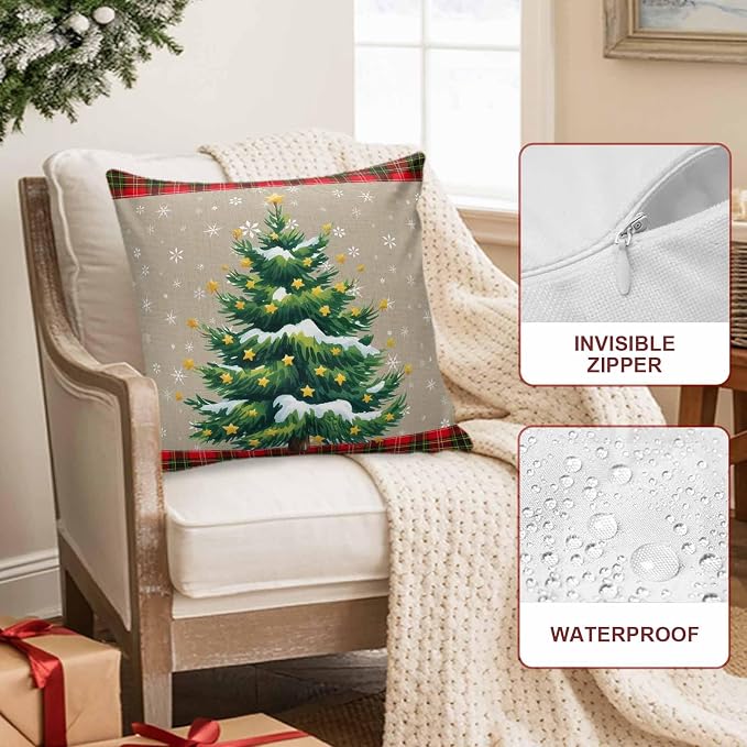 Outdoor Waterproof Throw Pillow Covers, Christmas Trees Winter Snowflake Green Red Tartan Plaid Vintage Burlap Pattern Pillowcases Cushion Covers Cases for Patio Couch Bench, Pack of 2, 20X12 Inch