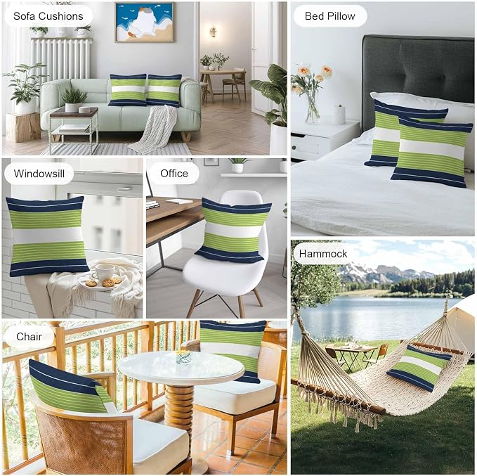 Navy Blue Green Stripe Outdoor Pillow Covers Waterproof, All Weather Cushion Case Set of 2, Modern Art Horizontal Striped Decorative Pillowcases for Sofa Couch Bed Decor Patio Furniture 16"x16"