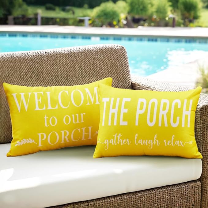 Porch Decor Yellow Outdoor Lumbar Pillow Covers Waterproof 12x20 for Patio | Set of 2, Summer, Porch Decorations Outdoor, Porch Pillows, Outdoor Pillows Waterproof, Outdoor Pillows for Patio Furniture