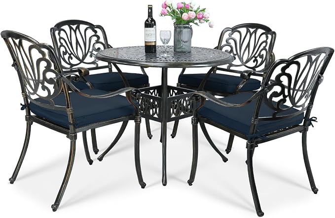 VIVIJASON 5-Piece Outdoor Patio Dining Set, All-Weather Cast Aluminum Conversation Set, Patio Furniture Set Include 4 Cushioned Chairs, a 35.4 inch Round Table w/Umbrella Hole, Navy Blue Cushion