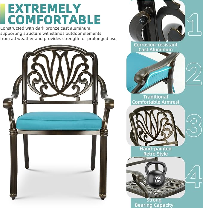 MEETWARM 5-Piece Outdoor Patio Dining Set, All-Weather Cast Aluminum Patio Conversation Set for Backyard Garden Deck with 4 Chairs, 4 Cushions and 35.4" Square Table, 2.2" Umbrella Hole, Ocean Blue