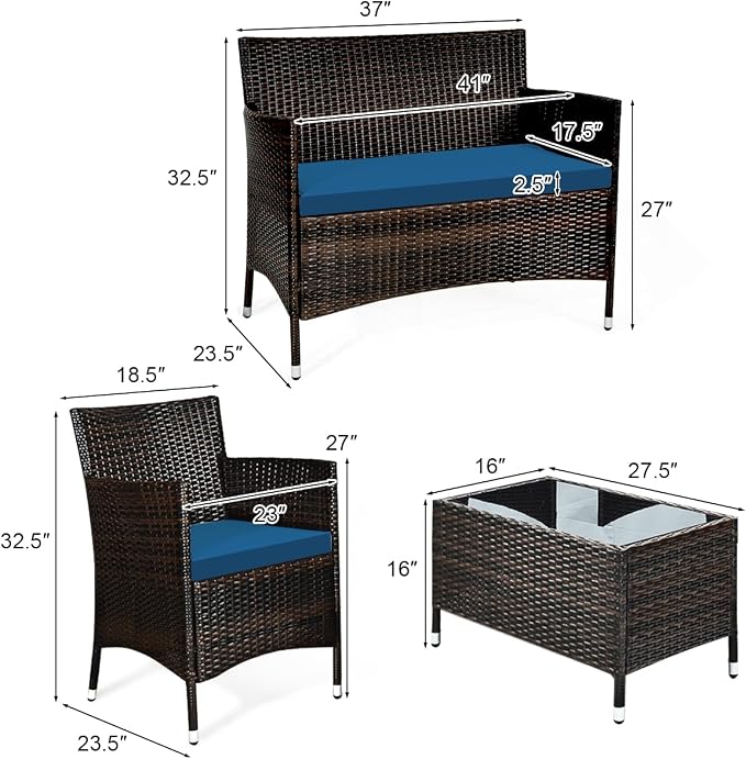 4 Pieces Patio Sofa Set, Wicker Conversation Set with Ergonomic Curved Backrest, Rattan Furniture Set with Water-Resistant Cushion & Tempered Glass Table for Balcony, Porch (Peacock Blue)