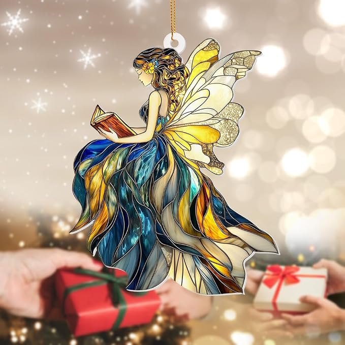 Fairy Stained Glass Style Acrylic Suncatcher, Fairy Ornament Window Hanging, Book Lover Gift for Women, Fantasy Fairy Decor, Book Lover, Librarian Gifts, Christmas Tree Ornament 4.5 Inch(Sun-01)