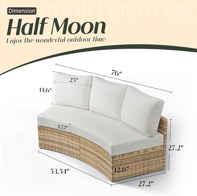 PaPaJet 3-Piece Patio Furniture Set, Half-Moon Wicker Sectional Sofa with Cushions, Waterproof Rattan Outdoor Conversation Set for Beach, Pool, Garden & Balcony, Beige