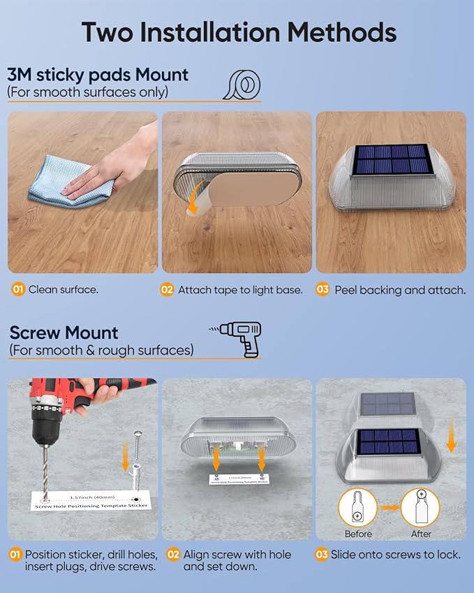DetarZinLED Deck Lights Solar Powered, 4 Pack White Solar Pathway Driveway Light Outdoor IP68 Waterproof, Stick on & Screw Markers Deck Lights for Dock, Walkway, Sidewalk, Patio, Pool, Garden, Step