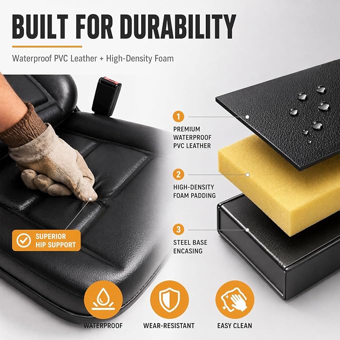 Universal Lawn Tractor Seat,Zero Turn Seat Replacement for Ariens IKON-XD | Waterproof PVC Thickened Foam Cushion Mower Seat with Seatbelt & Armrests,for Mini-Excavator,Forklift,Skid Loader