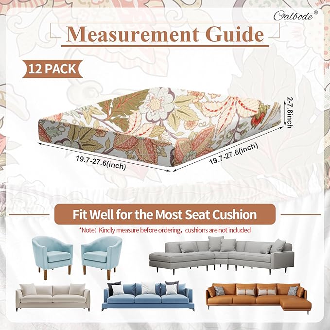 CALBODE 12Pcs High Elastic Digitally Printed Sofa Seat Cushion Cover, Soft & Comfortable Reusable Floral Print Stretch Couch Cushion Slipcover for Outdoor Furniture Protector Replacement(Cover Only
