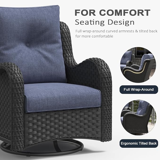 LayinSun 7 Pieces Outdoor Patio Furniture Set with Fire Pit Table, Rattan Wicker Swivel Rocker Chairs Sets with Swivel Glider Chairs and Coffee Table