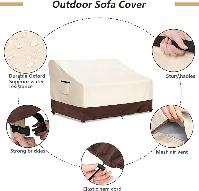 3-Seater Patio Sofa Cover, 600D Heavy Duty Waterproof Outdoor Sofa Covers, 76 W x 32.5 D x 33 H Inches Outdoor Couch Cover, Patio Furniture Covers, Lvory&Brown