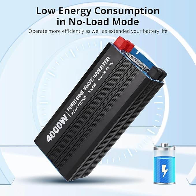 Power Inverter 4000 Watt Pure Sine Wave 12V DC to 110V/120V AC 8000W Peak Converter for Family RV Off Grid Solar System with 4 AC Outlets LCD Display Remote Control and 3.4A USB Charging Port