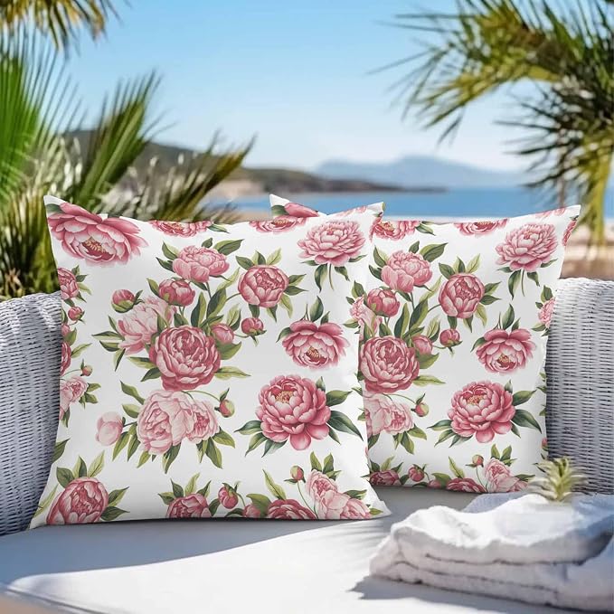 Vandarllin Outdoor Throw Pillows Covers 26x26 inch Set of 2 Waterproof Pink Rose Floral Decorative Zippered Cushion Covers for Patio Furniture, Leaves Flowers Lumbar Pillowcases