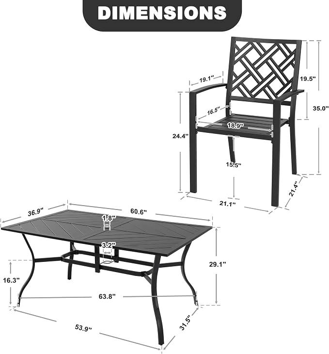 NUU GARDEN Outdoor 7-Piece Patio Dining Set, 6 Stackable Patio Dining Chairs and 61'' x 37'' Rectangle Table with Umbrella Hole, for Outdoor and Indoor Space, Patio, Deck, Garden, Backyard, Black