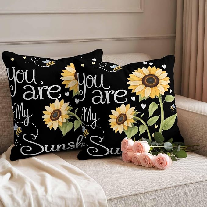 Outdoor Pillow Covers You are My Sunshine Words Decorative Throw Pillow Covers, Country Sunflowers Bees Throw Cushion Case with Zipper for Patio,Couch,Sofa,Garden 16x16in Set of 2