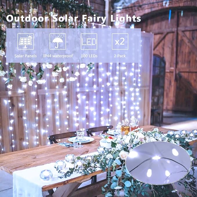 JMEXSUSS 2 Pack Solar String Lights Outdoor Total 66FT 200LED Fairy Lights | Outdoor Waterproof, 8 Modes Solar Christmas Lights for Outside Garden Tree Patio Yard Wedding Christmas Decorations, White