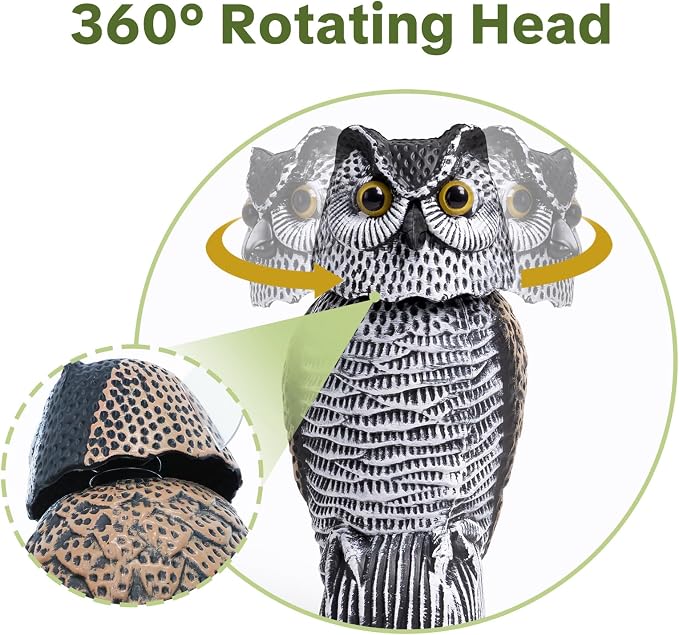 OFFO Fake Owl, Owl Statue for Garden and Yard Decoration, Weatherproof Plastic Rotating Head Outdoor Owl Decor for Porch Pool Patio Yard, 15-Inch Height, Round Ear Owl