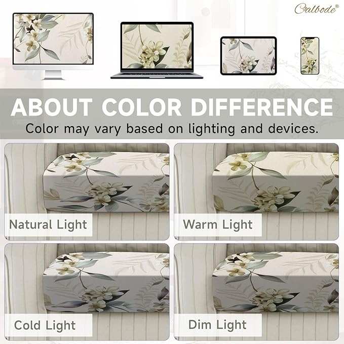 CALBODE 8 Pcs Stretch Outdoor Seat Cushion Covers, Washable Chair Seat Cover for Patio Furniture Cushions Soft Indoor and Outdoor Couch Cover Replacement (Beige Botanical, Cover Only)