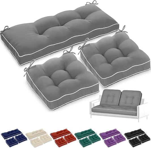 Wenqik 42 x 17 x 3.7 Inch Outdoor Bench Cushion Set of 3 Waterproof Tufted 1 Patio Loveseat Cushions and 2 Square Chair Seat Pad for Outdoor Furniture Couch Swing Sofa Wicker Settee(Gray)