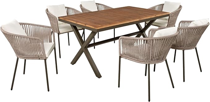 Modern 7 Pieces Patio Dining Set,Dining Table and Chairs, Acacia Wood Tabletop, Metal Frame,Outdoor Furniture Set for Garden, Backyard, Balcony (Beige/Rope1)