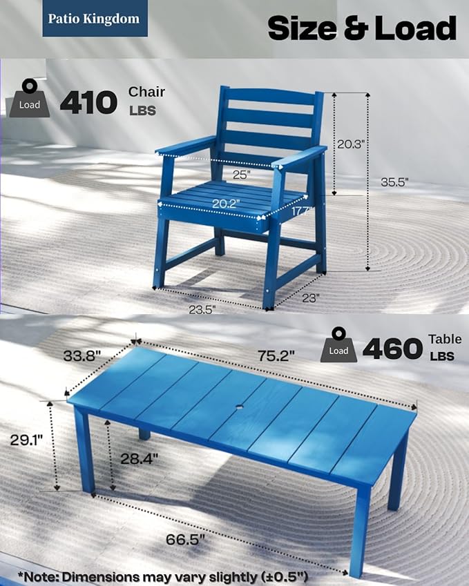 7-Piece Outdoor Dining Set for 6, 75.2" HDPE Patio Table with Umbrella Hole & 6 Chairs, Weather-Resistant Wood-Look Patio Furniture for Garden, Lawn, Deck, or Poolside (Navy Blue)