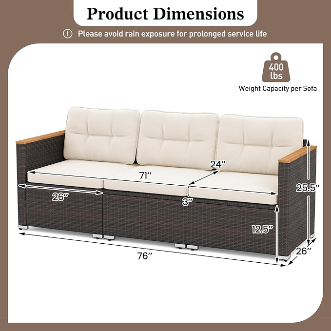 Tangkula 3-Seat Patio Wicker Couch Sofa, Outdoor 3 Seater Rattan Furniture Set with Acacia Wood Armrests & Thick Cushion, Outside Sectional Sofa Couch for Porch, Deck, Garden and Backyard, Off White