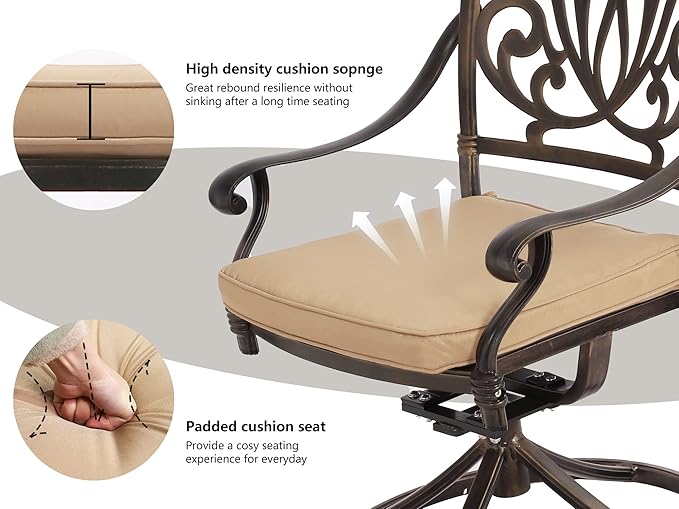 TITIMO 5-Piece Cast Aluminum Outdoor Patio Dining Set, 4 Pattern Chairs and Table, Cast Aluminum Conversation Set with 2.2” Umbrella Hole, 1 Round Table and 4 Swivel Chairs with Cushions (Khaki)