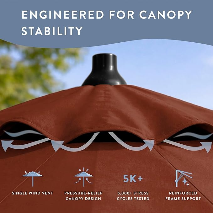 California Umbrella 8-Year Protection 9 Ft Outdoor Patio Umbrella, Solstice Fade-Resistant Fabric, Auto-Tilt, Heavy Duty Aluminum Frame, 8 Reinforced Ribs for Pool or Deck, Black Pole, Terracotta