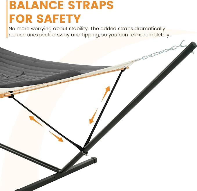 Lazy Daze Hammocks 2 Person Portable Hammock with 12FT Stand, Double Hand Woven Cotton Rope Hammock with Detachable Quilted Pad & Pillow for Outside, 450lb Capacity, Grey