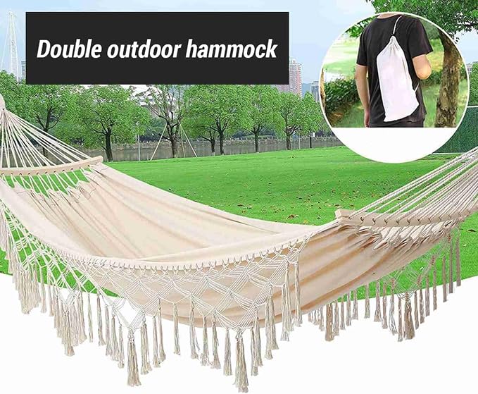 Canvas Hammock, 2 Person Foldable Hanging Swing Hammock with Tassels for Beach Yard Bedroom Patio (White)