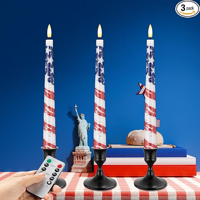 Flameless Patriotic Candles, 9.6" Real Wax 4th of July Led Candles with Remote, 3 Pack Flickering Independence Day Flameless candlesticks for Table, Home, Party Decor