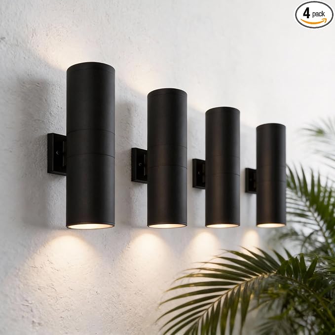 mirrea 18" Modern Outdoor Porch Light in 2 Lights, Matte Black, 4 Pack | Aluminum cylinder exterior fixtures, tempered glass cover, waterproof wall sconce & patio light for outdoor use.
