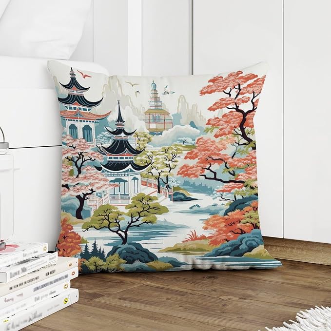 Pillow Cover Chinoiserie Pagoda White Coral Blue Pillowcase Retro Chinoiserie Chic Asian Pillow Cover Accent Modern Decorative Pillow Covers for Couch Sofa Bedroom Car 20x20 in