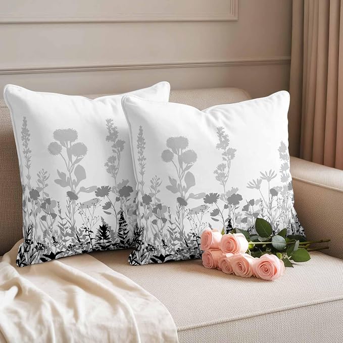 Grey Floral Rustic Waterproof Outdoor Pillow Covers Set of 2 Home Decor, Spring Farmhouse Botanical Floral Pillowcase Patio Pillow Covers for Couch Bench Furniture Garden 24x24in