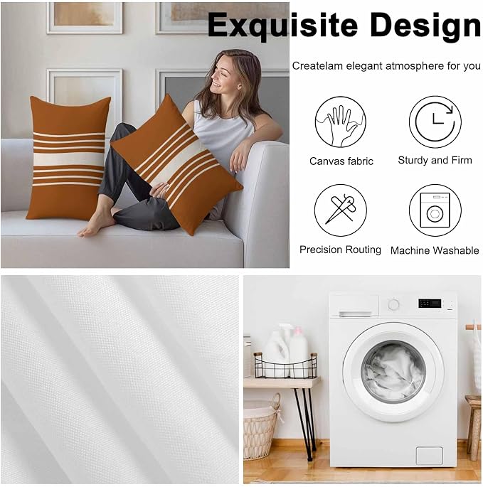 Lumbar Pillow Covers 20x12 Inch Set of 2, Burnt Orange Beige Striped Waterproof Outdoor Cushion Covers, Modern Farmhouse Retro Lines Decorative Pillowcases for Couch, Sofa, Bed, Garden, Patio