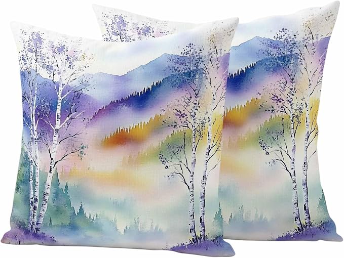 Forest Landscape Outdoor Pillow Covers Set of 2 Watercolor Yellow Purple Green Mountain Peaks Tree Waterproof Throw Pillow Cover Decorative Cushion Cases for Patio Porch Garden 24X24 Inch