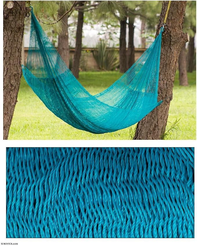 NOVICA Turquoise Blue Nylon Hand Woven Mayan Rope 2 Person XL Hammock with Hanging Accessories, 'Maya Bondi' (Double)