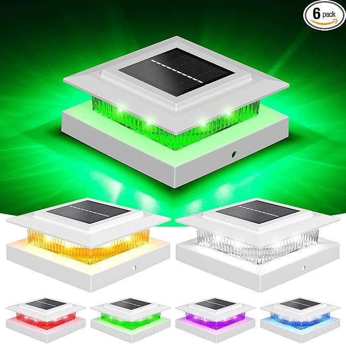 NIORSUN 4x4 Post Solar Lights Color Changing,Solar Post Light, 6 Pack White | RGB Solar Post Cap Lights for 4x4 Post Caps Wood Vinyl,5x5 Vinyl,IP44 Waterproof Fence Post Solar Lights Outdoor for Deck