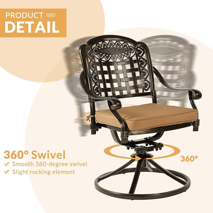 7-Piece Outdoor Patio Dining Set, 60” Rectangular Cast Aluminum Dining Table with Umbrella Hole and 6 Cushioned Swivel Rocker Chairs, Patio Funiture Set for Backyard, Patio, Garden
