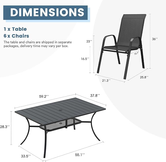 DIFY 7 Piece Outdoor Dining Set, 59.2" Black Rectangle Metal Patio Table and Dark Grey Textilene Stackable Chairs for 6, All Weather Patio Furniture Set with Umbrella Hole for Backyard Garden Deck